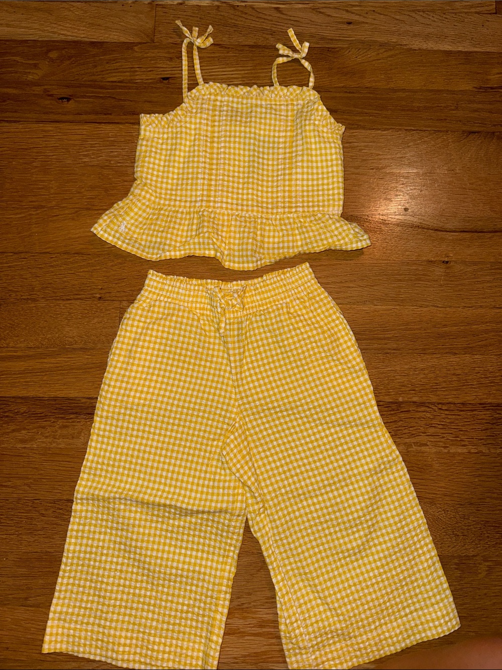 Like NEW Polo Ralph Lauren girls Yellow Gingham tank bows Wide-Leg pant set